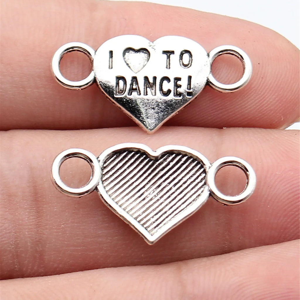 25x13mm 1.1g Antique Silver Zinc Alloy I Love Dance Heart Connector Charm for DIY Bracelet Jewelry Making