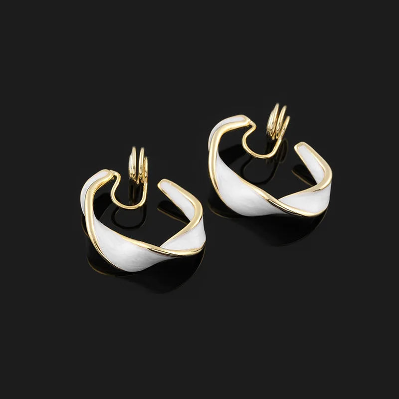 Elegant French White Enamel Spiral C Hoop Alloy Stud & Clip On No Piercing Statement Earrings
