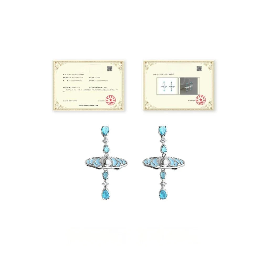 Sweet Ocean Geometric Copper Zircon Drop Earrings With Aquamarine Planet Star Ring Design