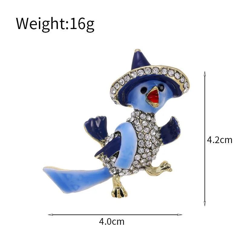 Cute Enamel Blue Parrot In Cowboy Hat Brooch With Rhinestones, Animal Lapel Pin Corsage Gift