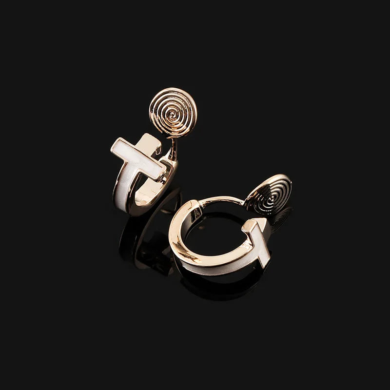 Elegant Enamel Letter T Hoop Spiral Disc Alloy Stud & Clip On No Piercing Commuter Circle Earrings