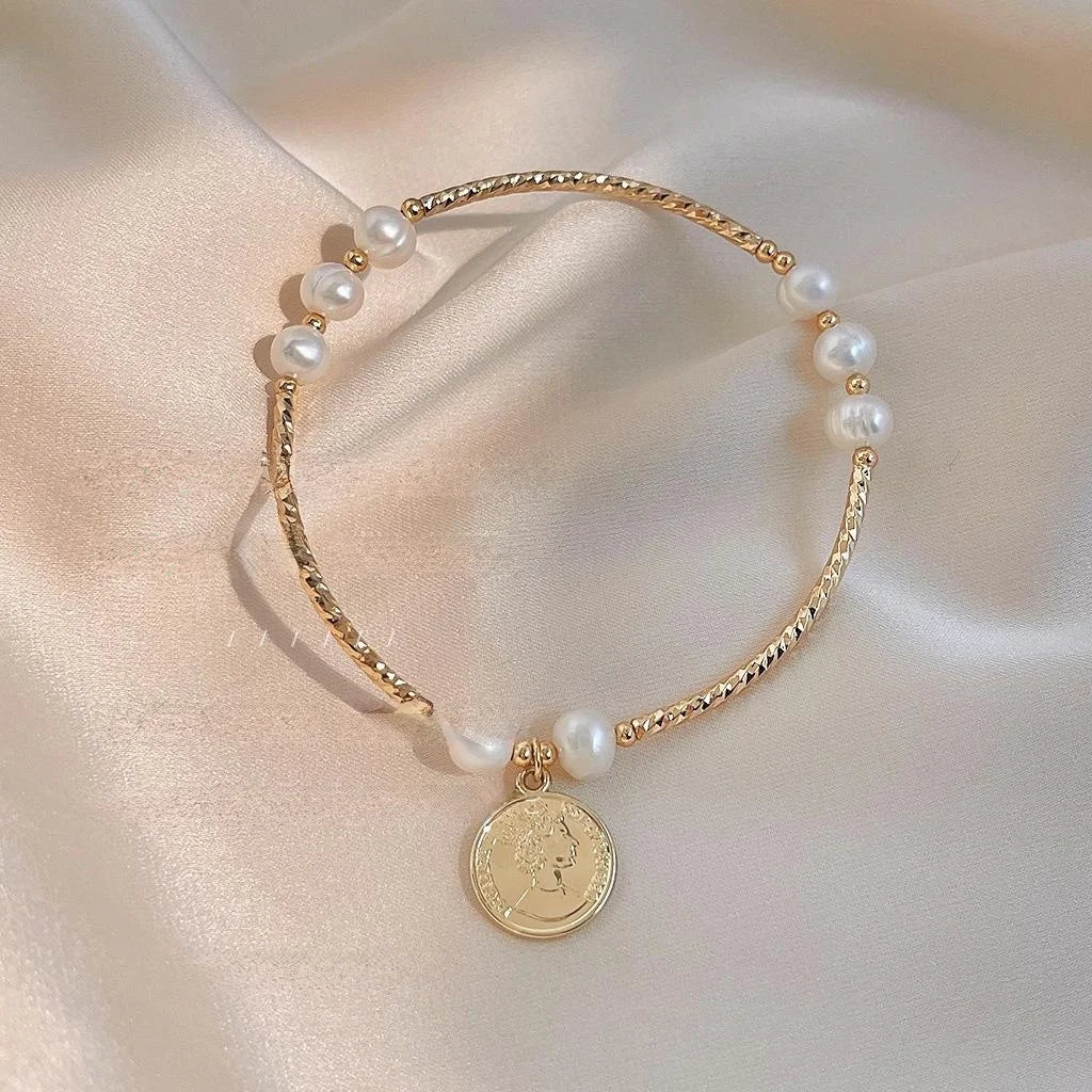 Minimalist Freshwater Pearl 14K Gold Plated Copper Bead Elastic Bracelet For Women