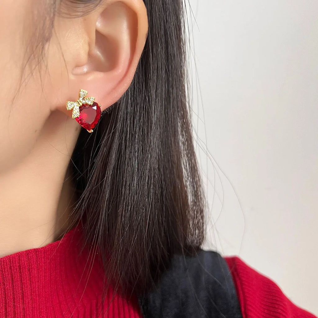 Elegant Red Heart Crystal Zircon Bowknot Alloy Stud & Clip On No Piercing Sweet Luxury Earrings