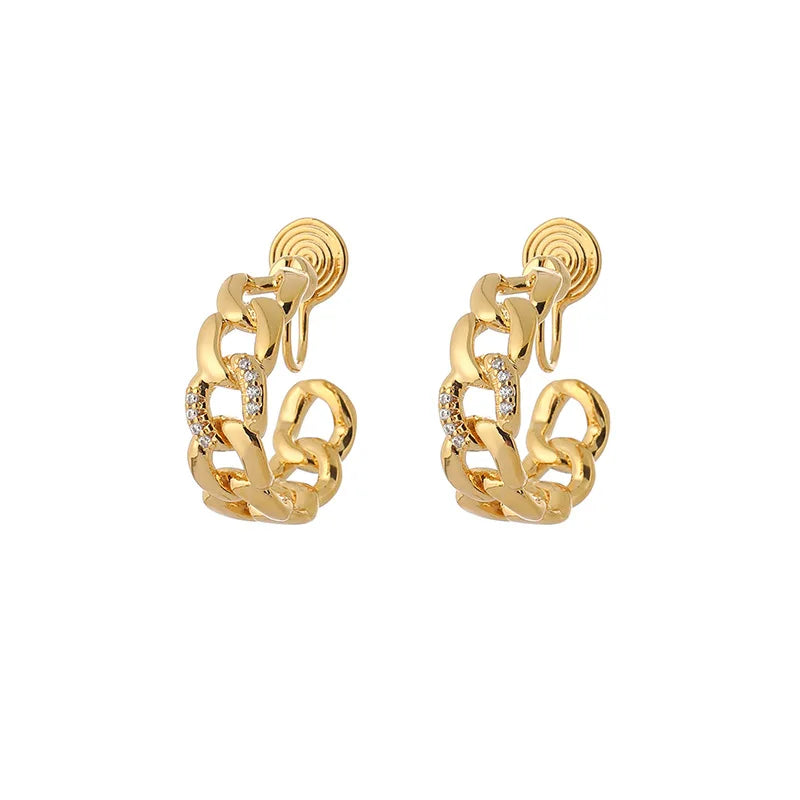 Luxury Gold Alloy Chain Hoop Spiral Stud & Clip On No Piercing Rhinestone Statement Earrings