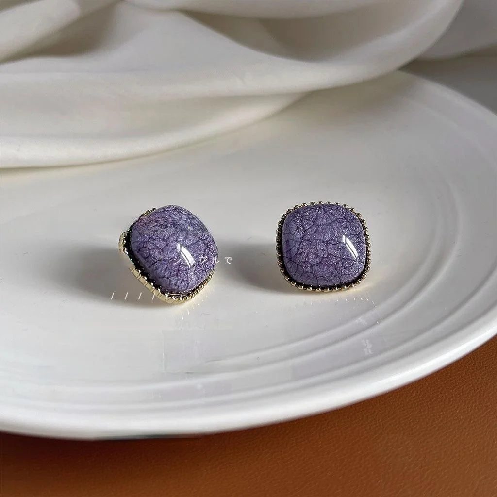 Taro Purple Square Alloy Stud Earrings French Vintage Crackle Geometric Palace Style Jewelry