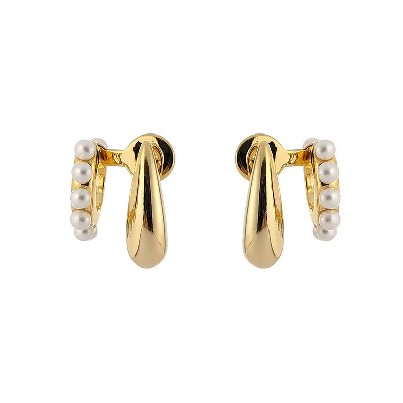 Elegant Gold Alloy Teardrop Double Layer Pearl Hoop Stud & Clip On No Piercing Women's Earrings