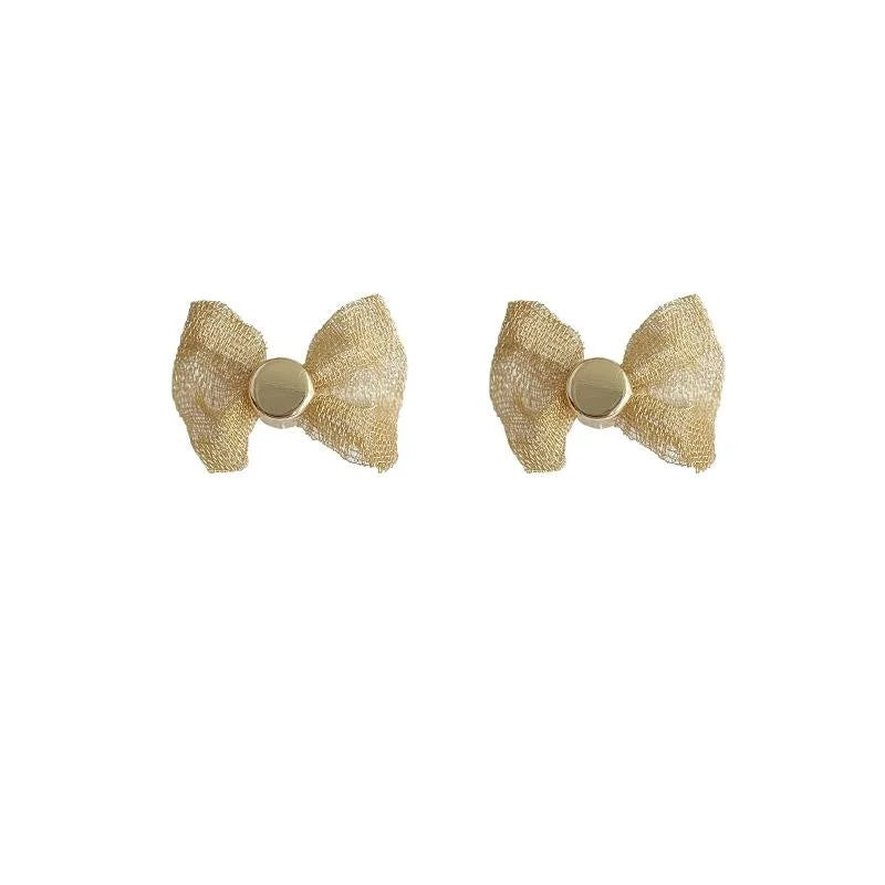 14K Gold Plated Metal Mesh Bow Stud Earrings Simple Versatile Summer Fashion Jewelry