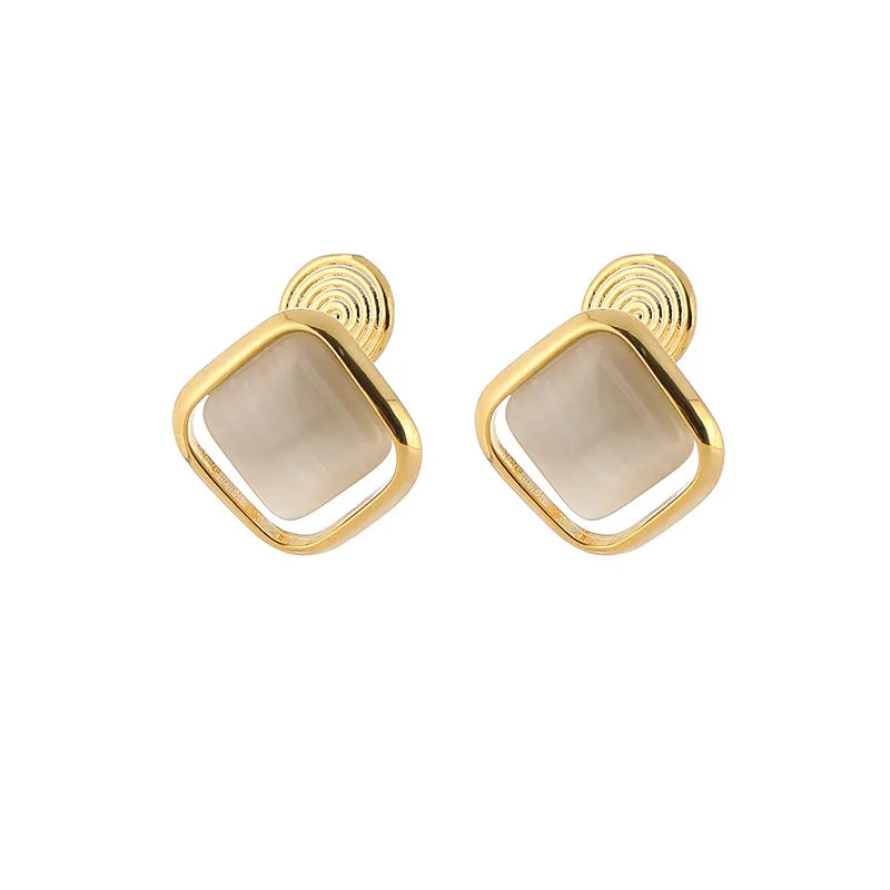 Elegant Luxury Square Cat Eye Stone Gold Alloy Stud & Clip On No Piercing Geometric Earrings