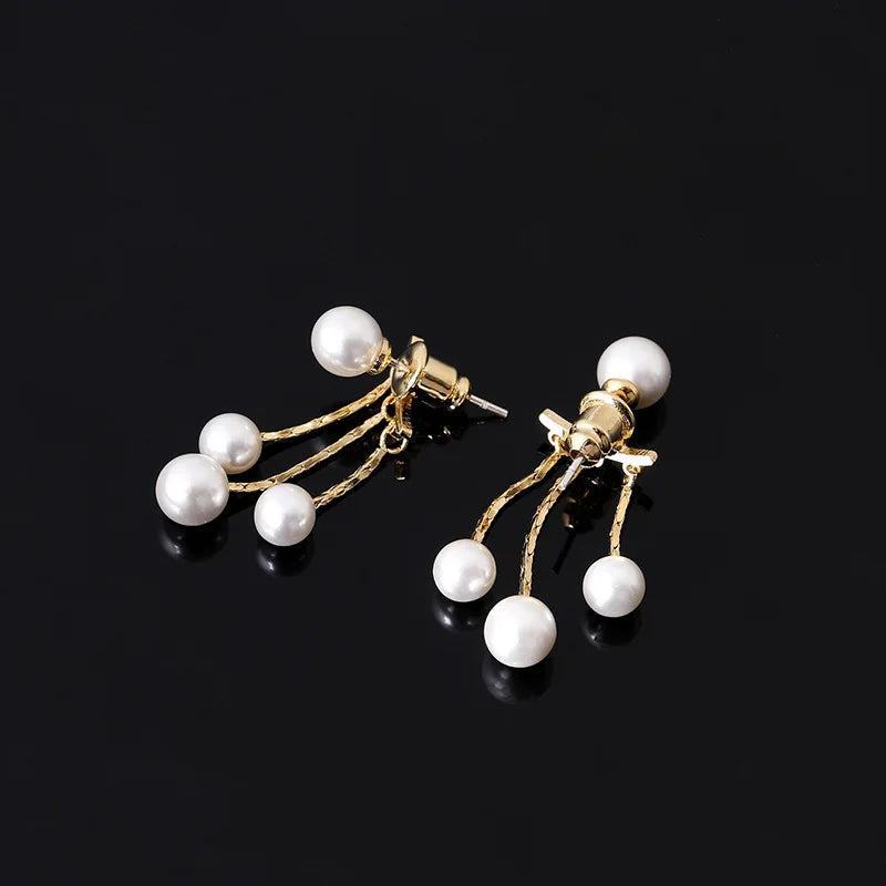 Elegant Pearl Tassel Spiral Disc Alloy Stud & Clip On No Piercing Back Hanging Drop Earrings