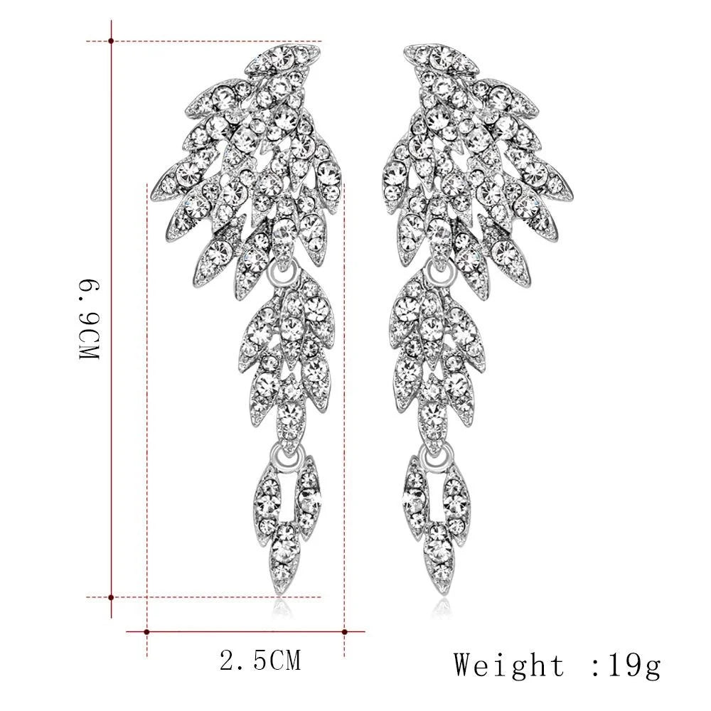 Luxury Rhinestone Crystal Leaf Tassel Drop Earrings, Silver Alloy Bridal Statement Jewelry For Wedding Party