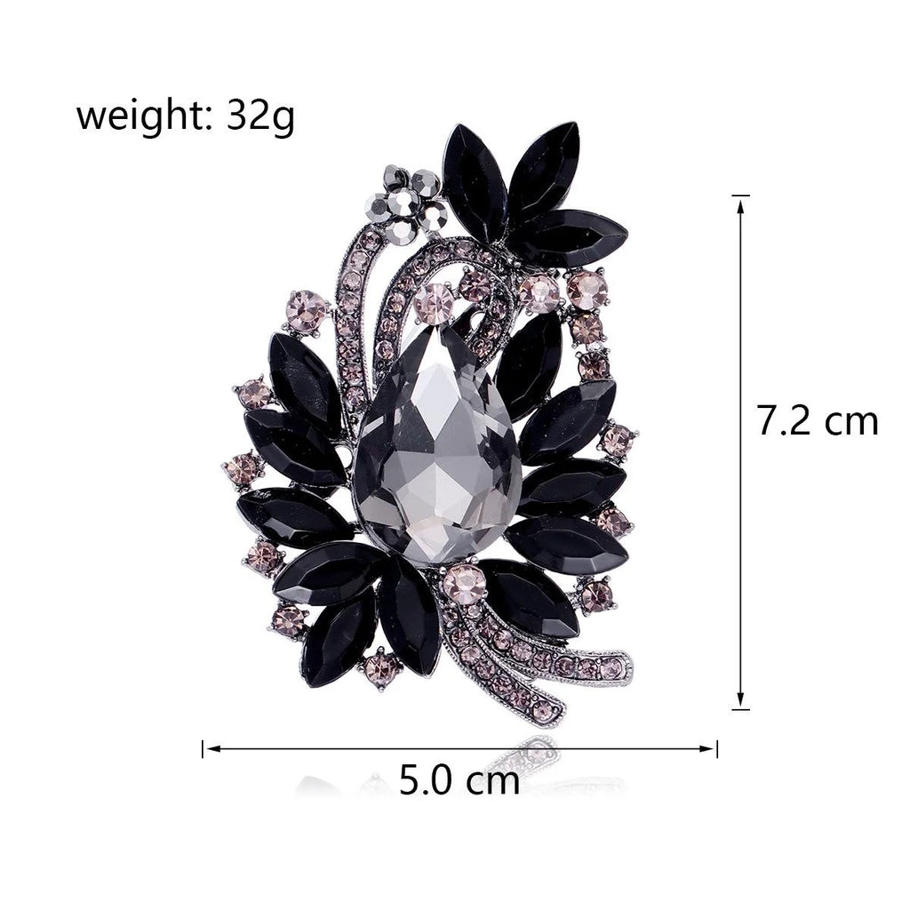 Elegant Black Leaf Flower Crystal Rhinestone Brooch With Teardrop Glass Stone For Lapel Pin Gift