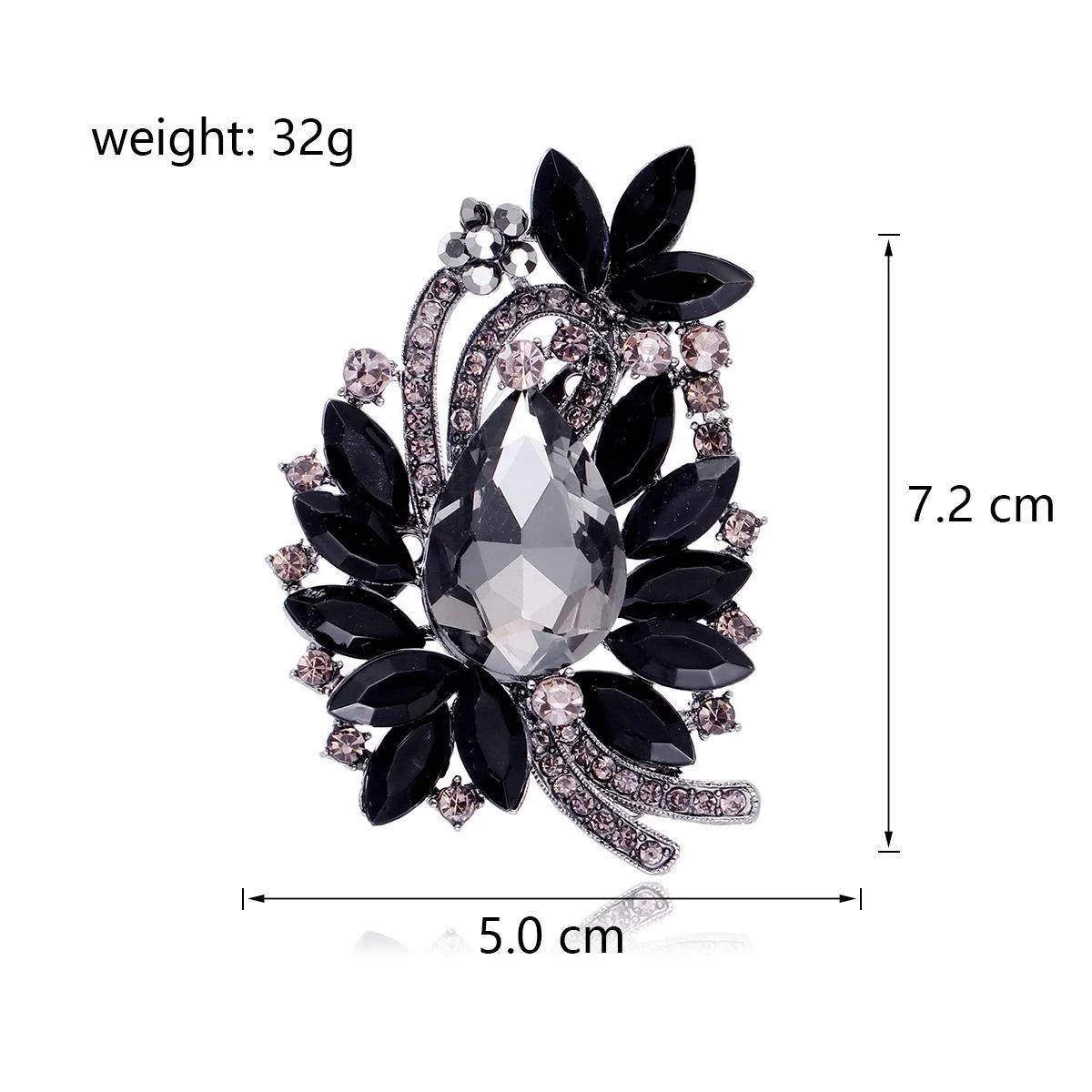 Elegant Black Leaf Flower Crystal Rhinestone Brooch With Teardrop Glass Stone For Lapel Pin Gift