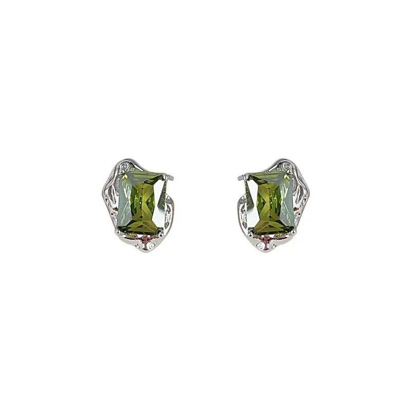Irregular Geometric Olive Green Zircon Stud Earrings Copper Sweet Cool Style