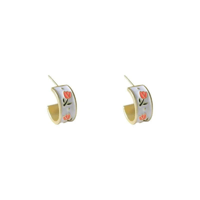 French Vintage Copper Tulip Flower Enamel C-Shaped Hoop Earrings Elegant Sweet Jewelry