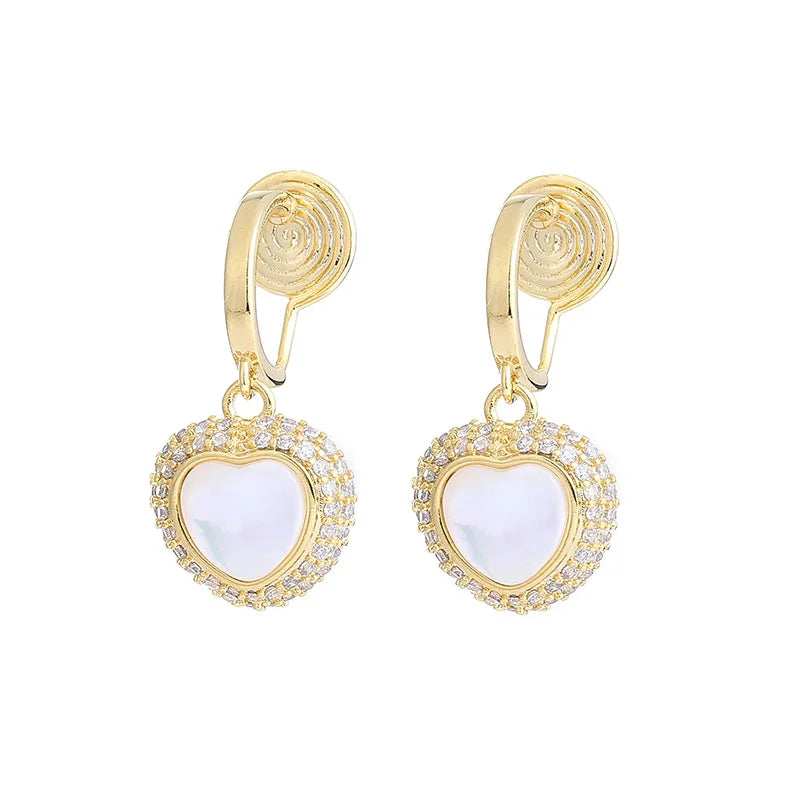 Elegant Heart Shell Pearl Zircon Stud & Clip On No Piercing Luxury Gold Alloy Drop Earrings