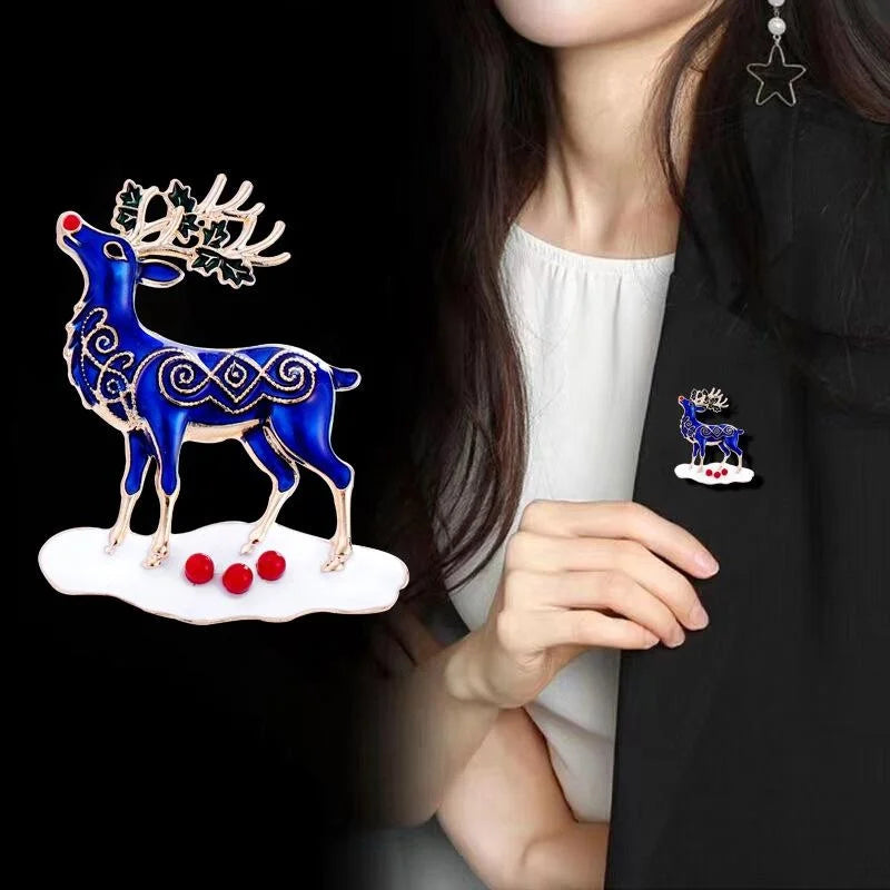 Cute Blue Enamel Christmas Reindeer Brooch With Gold Alloy Antlers, Festive Lapel Pin Corsage Gift