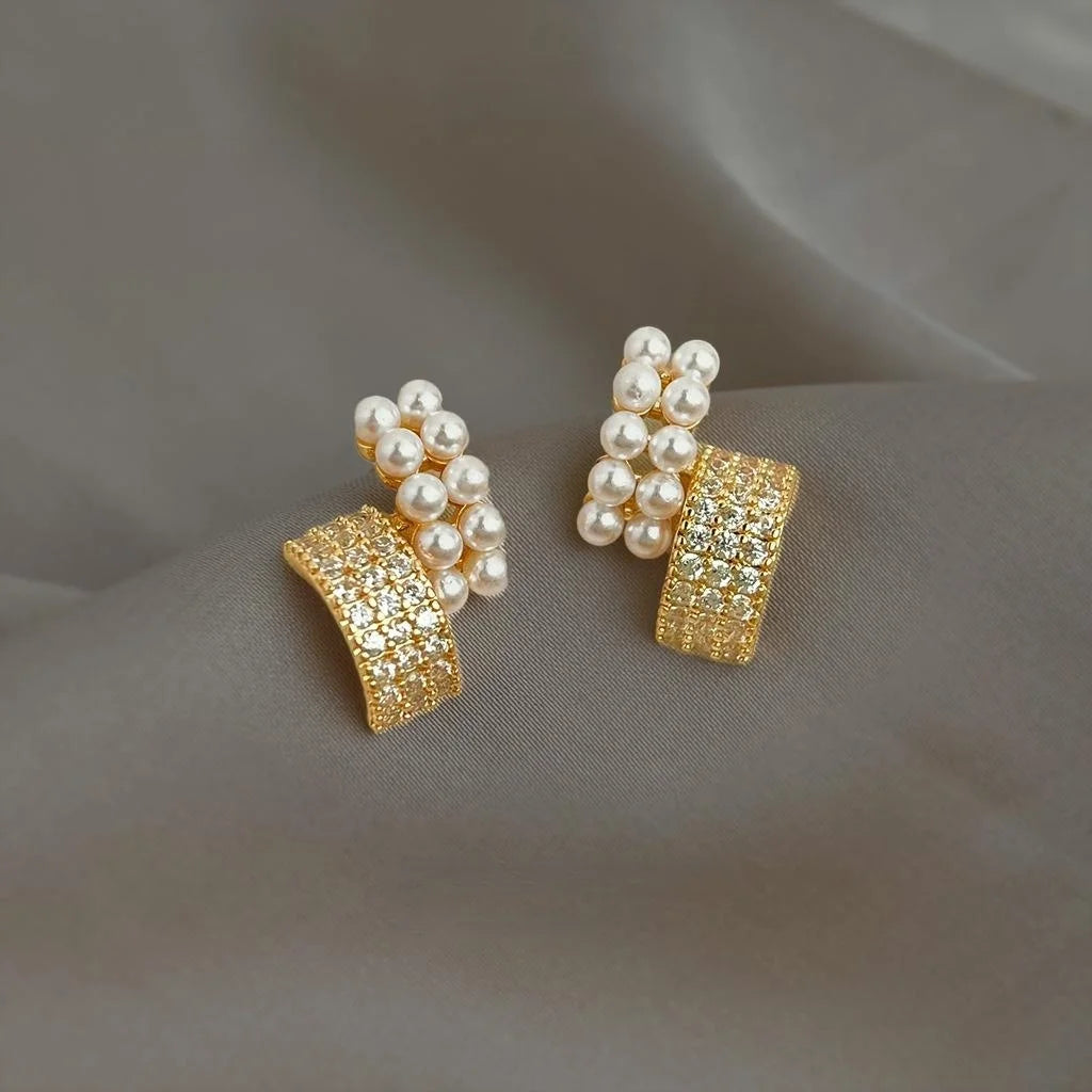 14K Gold Plated Copper Geometric Square Pearl Zircon Stud Earrings For Women Light Luxury