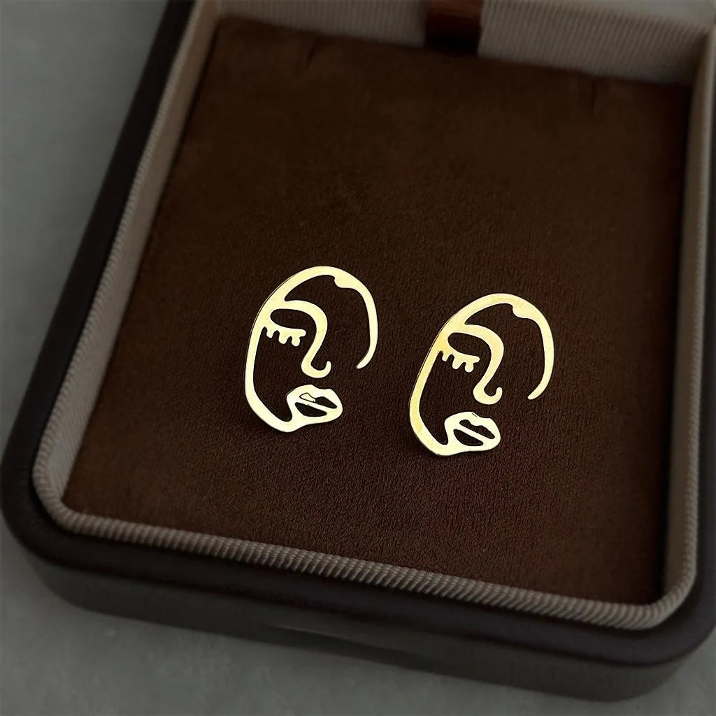 Gold Plated Copper Geometric Face Hollow Stud Earrings Korean Style Art Jewelry
