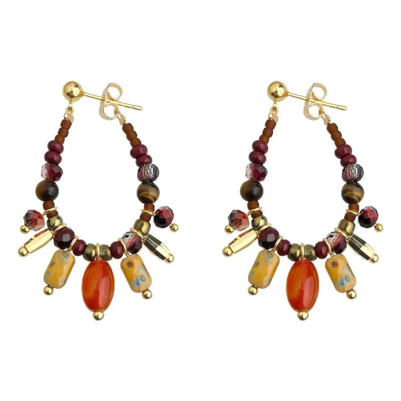 Handmade Ethnic Geometric Drop Earrings With Tiger Eye Red Agate Czech Glass And Seed Beads