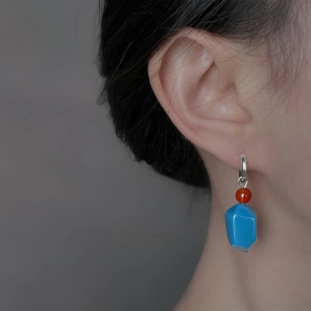 Haze Blue Copper Red Agate Geometric Round Palace Style Drop Earrings for Women