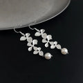 Vintage Silver Metal Flower Tassel Drop Earrings With Glass Pearl Petal Geometric Design