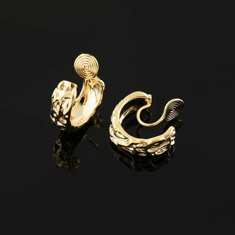 Elegant Gold Alloy Textured Spiral Hoop Stud & Clip On No Piercing Minimalist Commuter Earrings