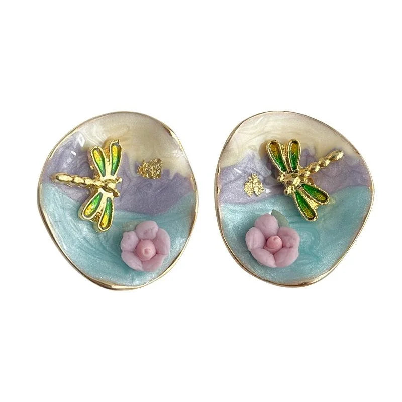Sweet Gradient Enamel Ceramic Dragonfly Stud Earrings 14K Plated Oil Painting Style