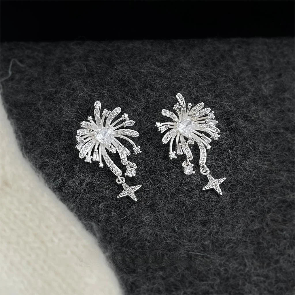 Designer Firework Starburst Tassel Drop Earrings, Copper Zircon Floral Geometric
