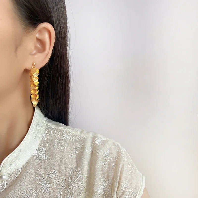 Luxury Gold Alloy Round Disc Tassel Drop Stud & Clip On No Piercing Long Dangle Women's Earrings