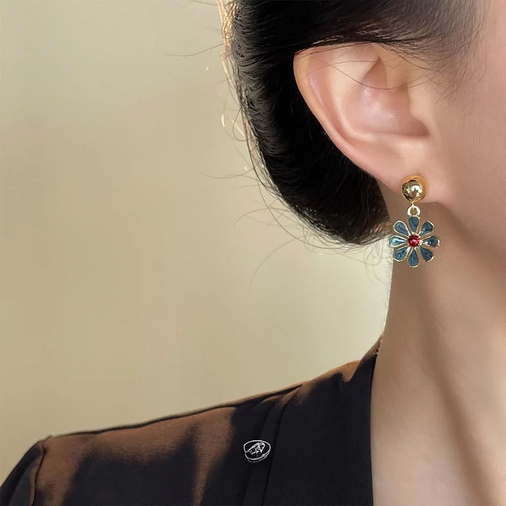 Gold Plated Copper Haze Blue Enamel Flower Petal Drop Earrings For Women Elegant Minimalist Office Jewelry
