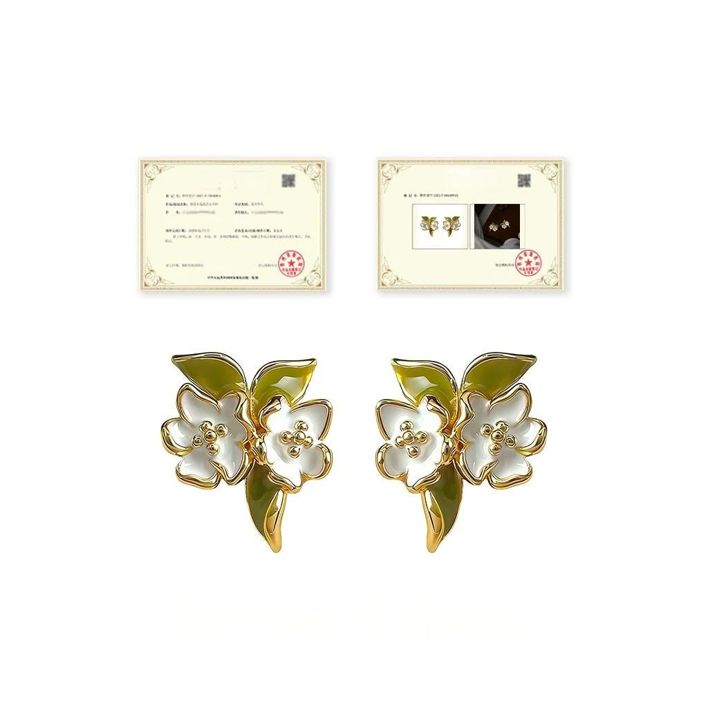 Pastoral Gardenia Flower Hand Painted Enamel Copper Stud Earrings