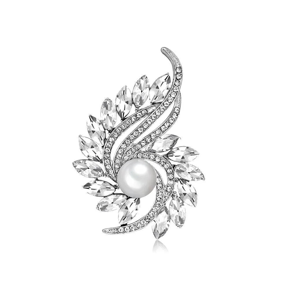 Elegant Rhinestone Crystal Swirl Flower Brooch With Faux Pearl Center, Luxury Lapel Pin Suit Accessory