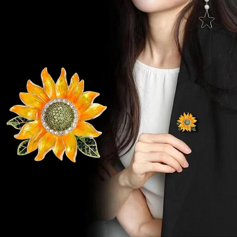 Elegant Enamel Sunflower Brooch With Rhinestones, Luxury Floral Lapel Pin Corsage Suit Accessory Gift