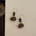Vintage Chinese Style Dark Brown Tiger Eye Stone Geometric Round Oval Handmade Drop Earrings