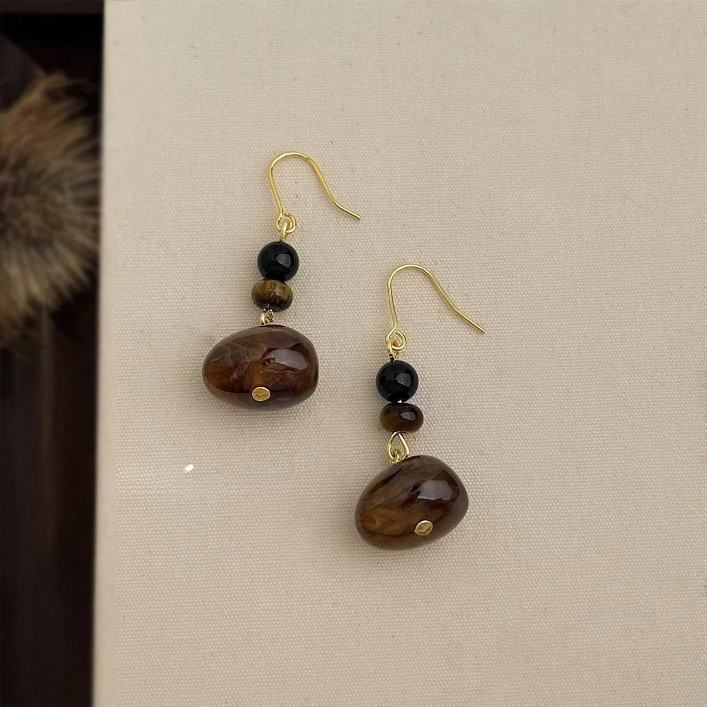 Vintage Chinese Style Dark Brown Tiger Eye Stone Geometric Round Oval Handmade Drop Earrings