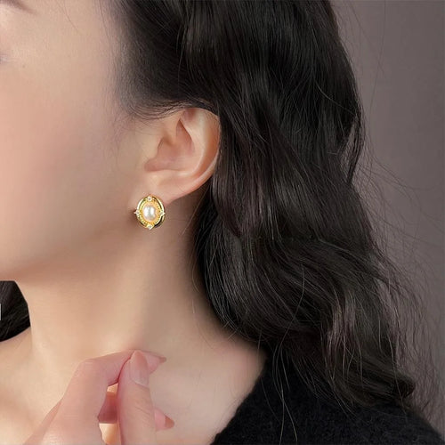 French Vintage Palace Style Geometric Oval Copper Stud Earrings With Zircon And High Luster Pearl