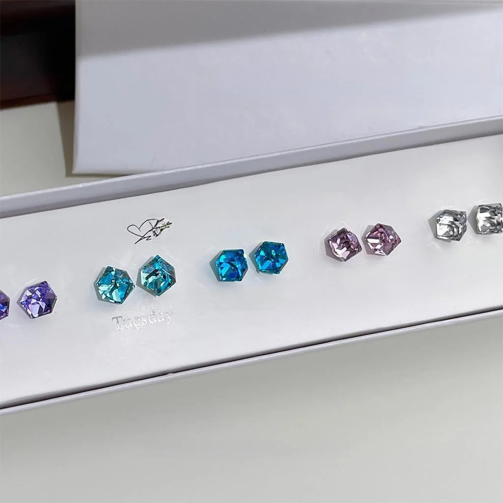 High Quality Aquamarine Glass Crystal Hexagon Geometric Stud Earrings For Women