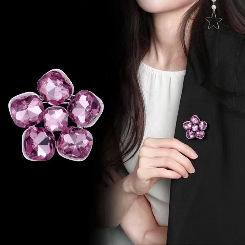 Elegant Pink Crystal Flower Brooch With Glass Rhinestones, Sparkling Corsage Lapel Pin For Suit Accessory