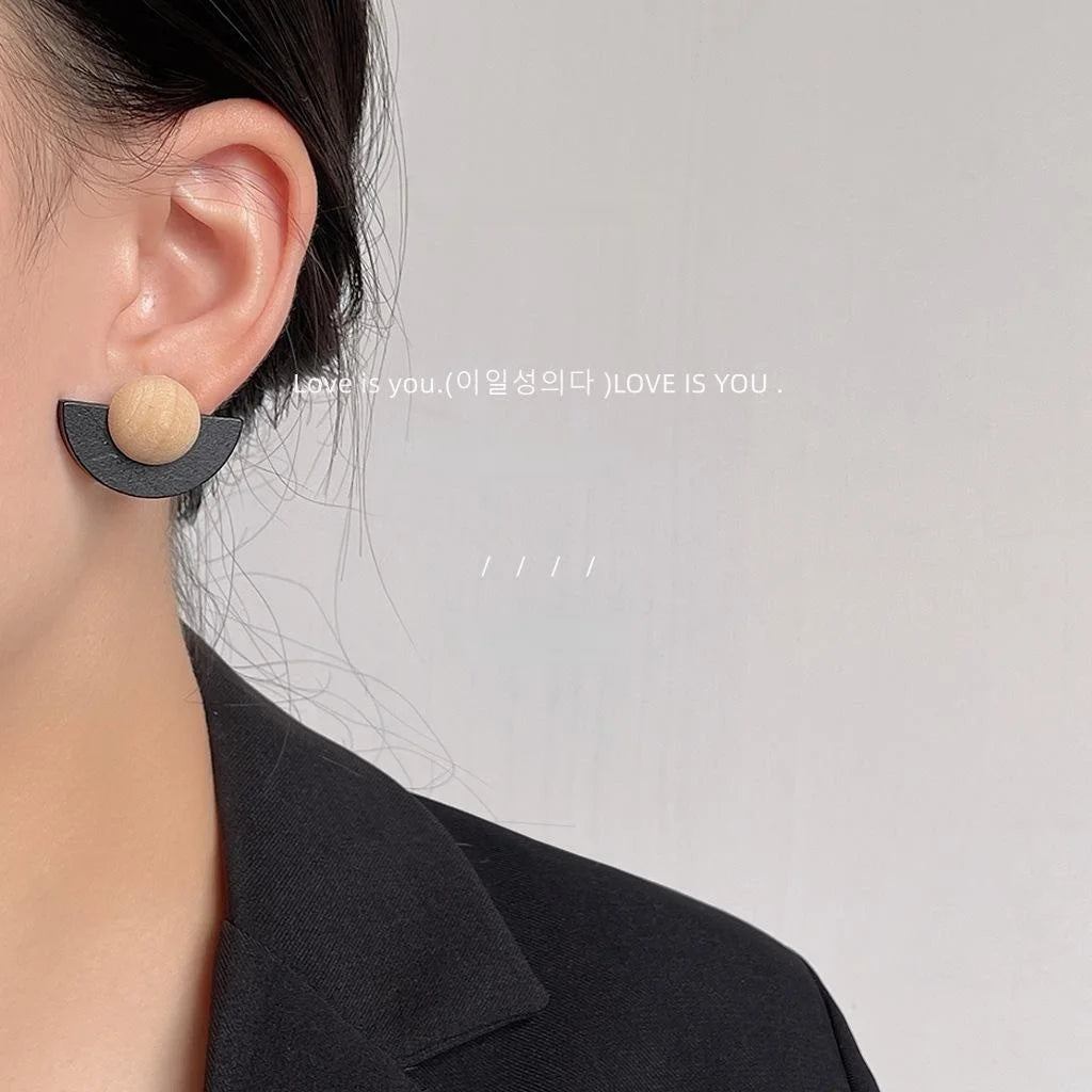 Premium Artistic Geometric Half Circle Wooden Stud Earrings With Silver Plated Pins