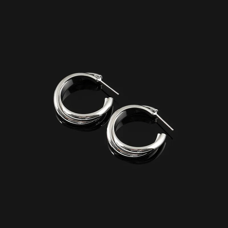 Elegant Alloy Double C Hoop Stud & Clip On No Piercing Silver Tone Hong Kong Style Women's Earrings