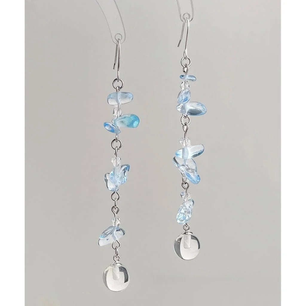 Copper Glass Crystal Aquamarine Tassel Drop Earrings Geometric Fresh Vacation Style