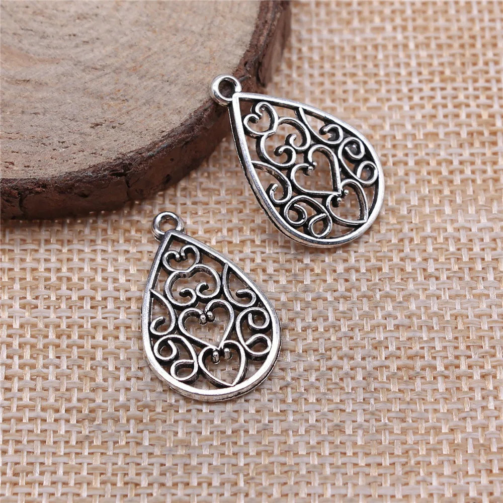 25x15mm 1.1g Antique Silver Zinc Alloy Heart Waterdrop Teardrop Hollow Earring Charms for DIY Earrings Jewelry Making