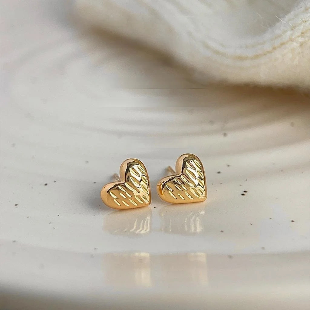 14K Gold Plated Copper Mini 3D Textured Heart Stud Earrings Sweet Minimalist Everyday