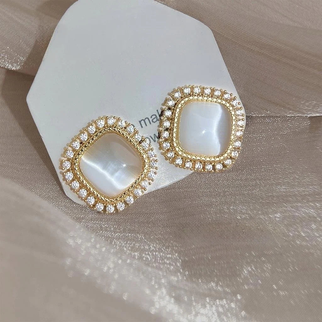 Vintage French Geometric Square Glass Cat Eye Stone Micro Pave Zircon Copper Stud Earrings