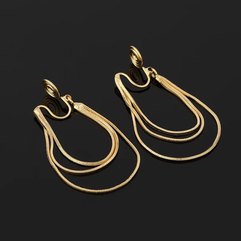 Elegant Gold Alloy Snake Bone Chain Loop Tassel Stud & Clip On No Piercing Spiral Drop Earrings