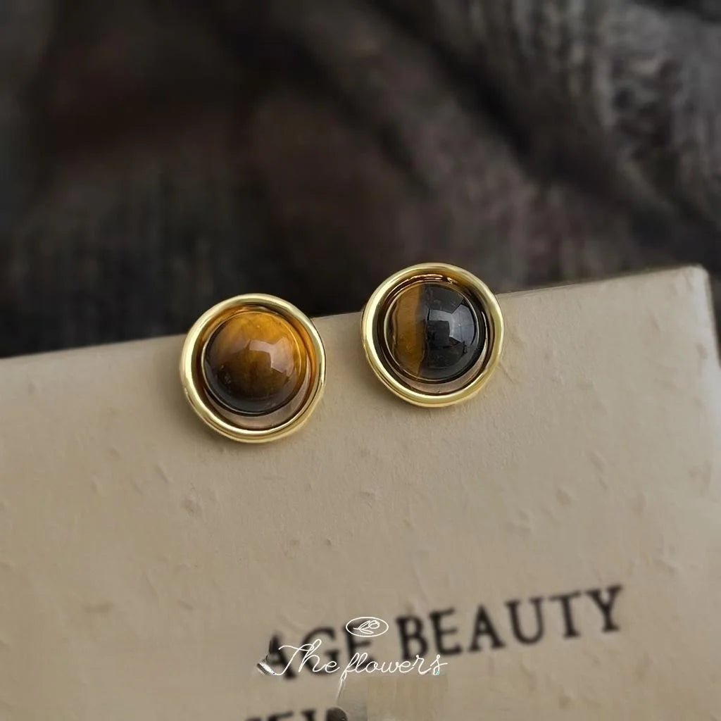 Natural Tiger Eye Stone Round Geometric Line Stud Earrings Vintage Maillard Style Jewelry