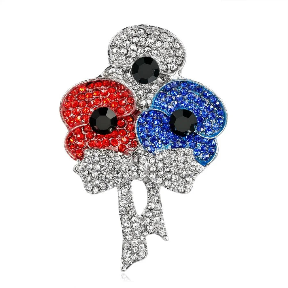 Elegant Rhinestone Poppy Flower Bouquet Brooch Red Blue Crystal Lapel Pin Corsage Suit Accessory Gift