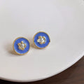 French Vintage Enamel Glazed Copper Floral Round Stud Earrings For Women