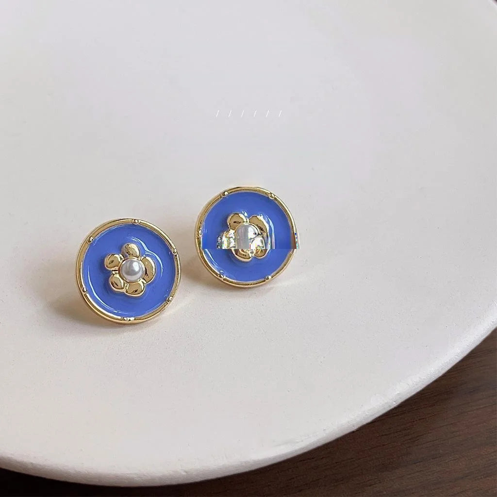 French Vintage Enamel Glazed Copper Floral Round Stud Earrings For Women