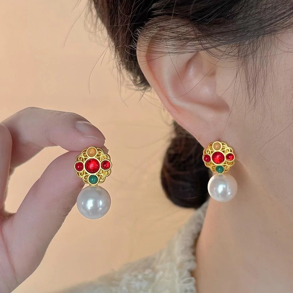 Light Luxury Vintage French Pearl Drop Earrings Copper Hollow Totem Design